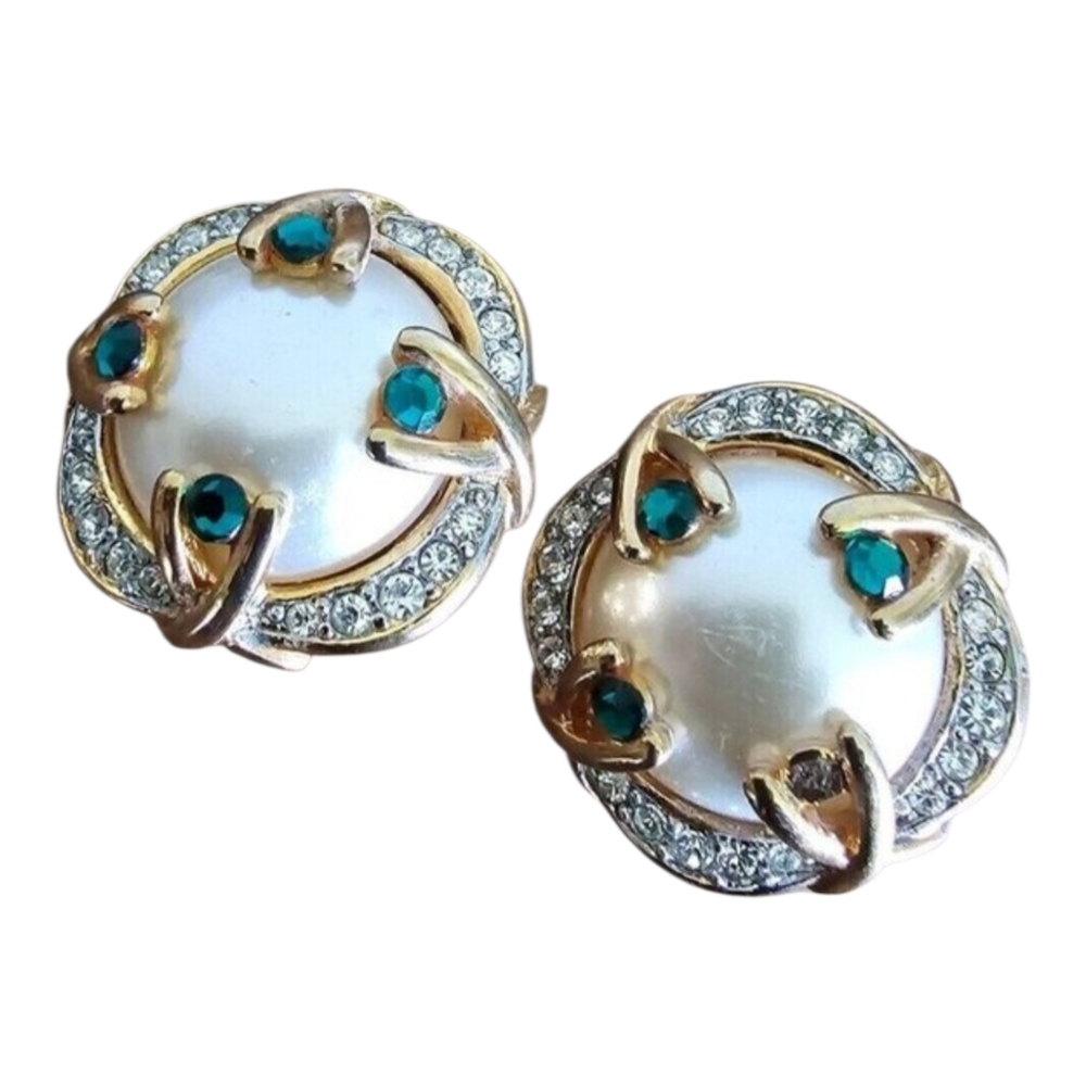 Vintage Birdcage Earrings Clip On Pearl Rhinestone Green Dome Gold Retro Elegant